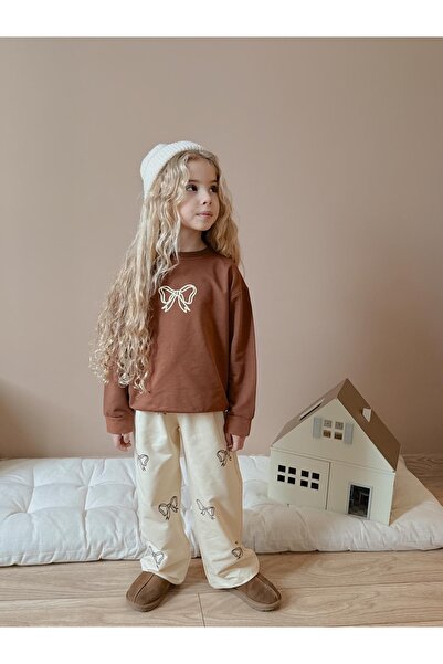 CARLA MARA Σετ αθλητική φόρμα για κορίτσια με βαμβακερό σχέδιο με φιόγκο καφέ