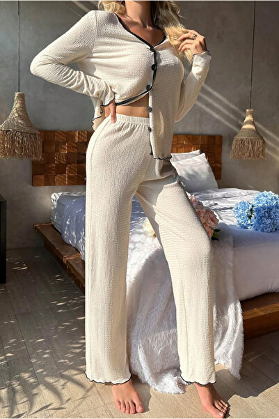 PRAG Knitted Fabric V-Neck Buttoned Comfortable Aesthetic Stylish Pajama Set