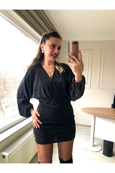 Gözde Tasarım Butik Women's Silvery Front and Back V-Neck Elastic Waist Bubble Sleeve Silvery Mini Evening Dress