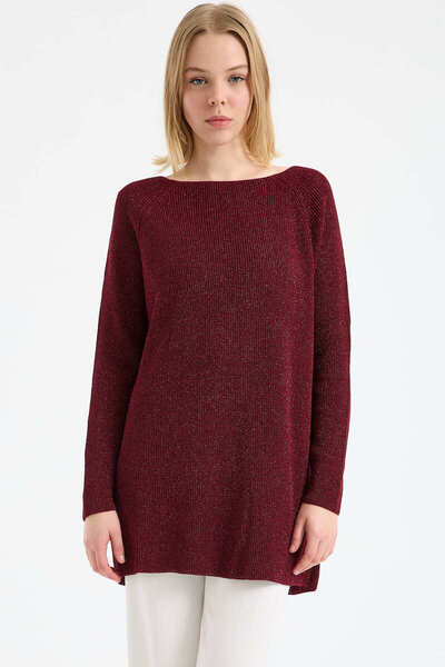 Sementa Wide Collar Raglan Sleeve Sparkly Tunic Knitwear Sweater - Burgundy