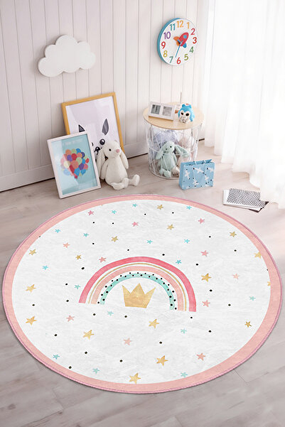 Realhomes Yumuşak Renklerde Gökkuşağı ve Yıldız Desenli Yuvarlak Çocuk Odası ...