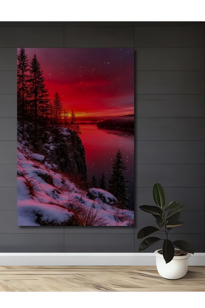 Teona Ahşap Kızıl Gün Batımı Kar Manzarası Yağlı Boya Görünümlü Ahşap Dekorat...