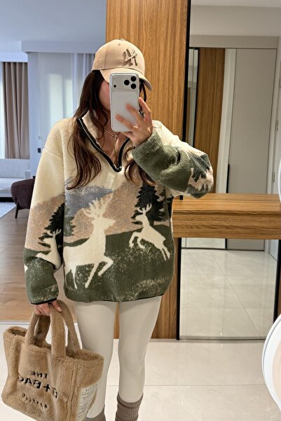 manana fashion Swea cu fermoar din lână artificială cu model peisaj cu cerb tricou