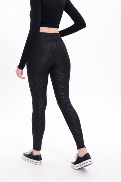 freemen Women's Black Diving Fabric Firming and Zebra Patterned Sports Leggings with Shaping / Sculpting Side Pockets