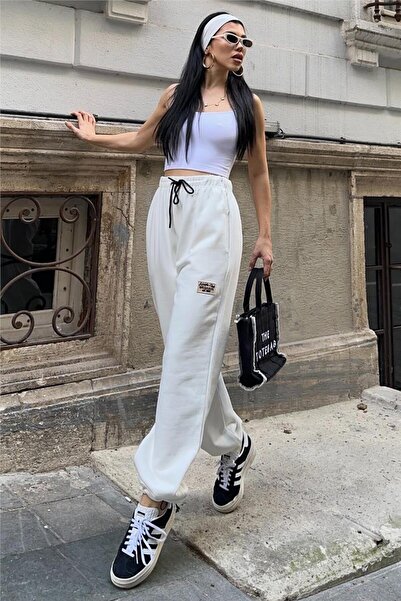 WeShaya White High Waist Lace-Up Elastic Leg Pocketed Oversized Arma Detailed Sweatpants