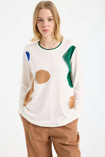 Sementa Pulover tricotat cu pietre aplicate cu modele geometrice - Ecru