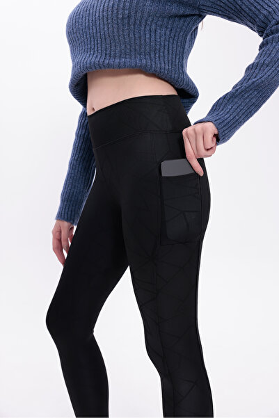 freemen Women's Black Patterned High Waist Diving Fabric Side Pocket Shaping / Sculpting Sports Leggings