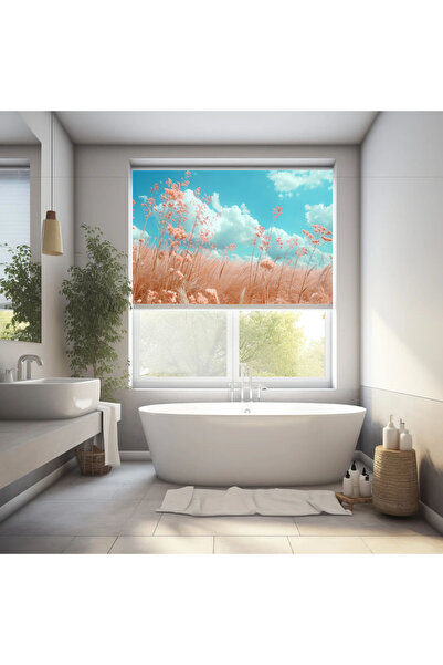 akel collection Baskılı Stor Perde Çocuk Odası İçin Pastel Gökyüzü ve Çiçekli...