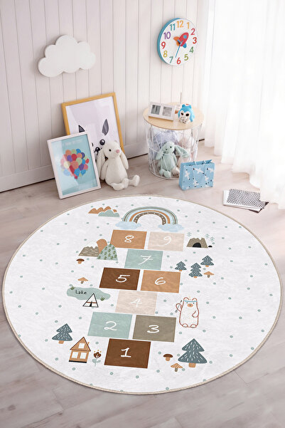 Realhomes Canlı Renklerde Çocuk Oyun Halısı - Yıkanabilir Yuvarlak Kaymaz Tab...