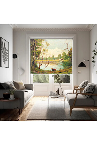 akel collection Baskılı Stor Perde Doğa Manzaralı Göl ve Orman Desenli Dekora...