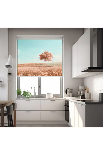 akel collection Baskılı Stor Perde Pastel Tonlu Doğa Manzaralı Tek Ağaç Desen...