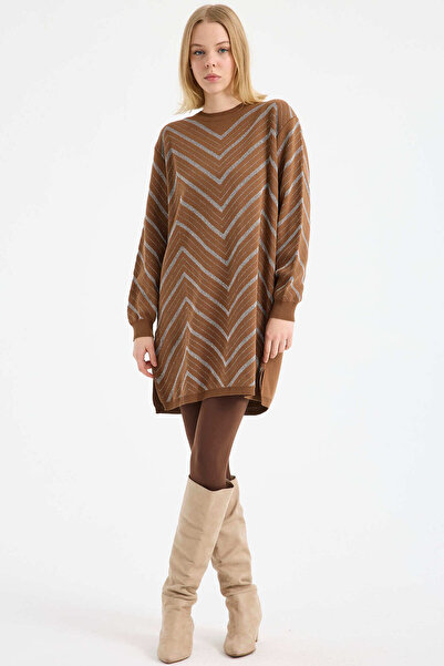 Sementa Yanları Yırtmaçlı Simli Tunik Triko Kazak - Taba