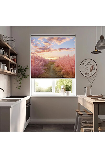 akel collection Baskılı Stor Perde Pembe Pampas Otu ve Gün Batımı Manzaralı M...