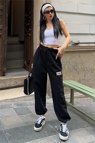 WeShaya Black High Waist Lace-Up Elastic Leg Pocketed Oversized Arma Detailed Sweatpants