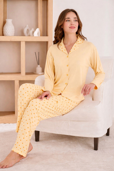 Tusebu Set de pijamale cu nasturi pentru femei – galben, model cu puncte, pot...