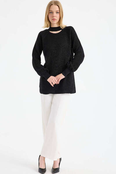 Sementa Sparkly Tunic Knit Sweater with Collar Detail - Black