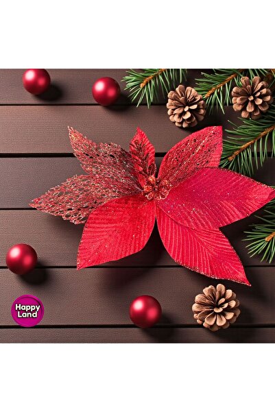 Happyland Yılbaşı Ağacı Süsü Küçük Boy Kırmızı Simli Ponsetya Çiçek Atatürk Ç...