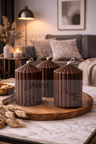 Lumaria Studio 3’lü Oluklu Silindir Dekoratif Mum Seti Kahverengi - Boy: 10cm...