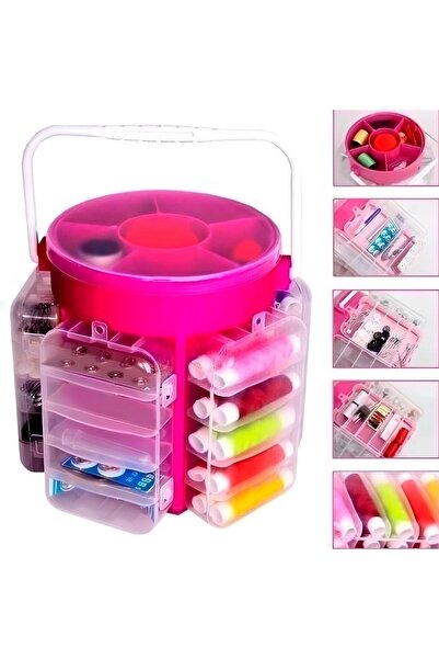Generic 5-in-1 Integrated Rotating Sewing Organizer – Portable Sewing Kit with Transparent Containers and Colored Thread Spools
