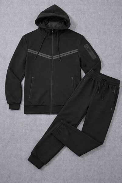 COMBİNE MİCHAİL Men's Loose Line Patterned Black Tracksuit Set
