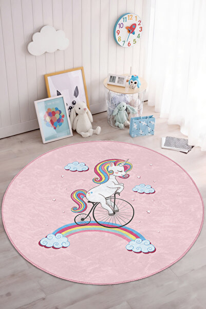Realhomes Unicorn Baskılı Sevimli Yuvarlak Çocuk Odası Yıkanabilir Halı