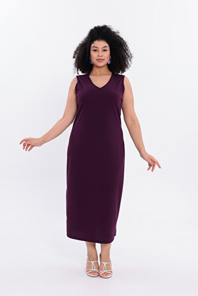 IŞILTI Stylish and Elegant Stretch Fabric Stretchy Crepe Fabric Sleeveless V-Neck Midi Length Modern Plus Size Evening Dress 3140