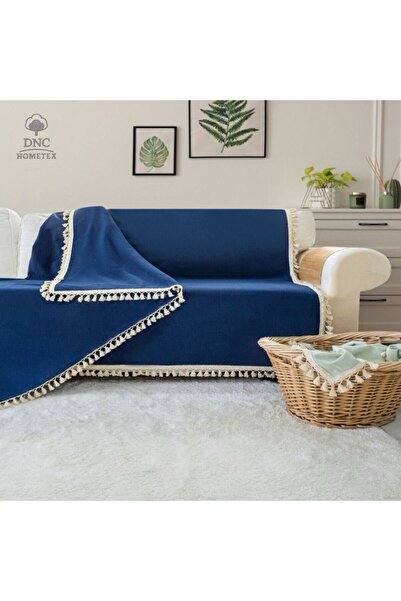 DNC HOMETEX Premium Keten Lacivert Ham Ponpon Koltuk Örtüsü (170X220)