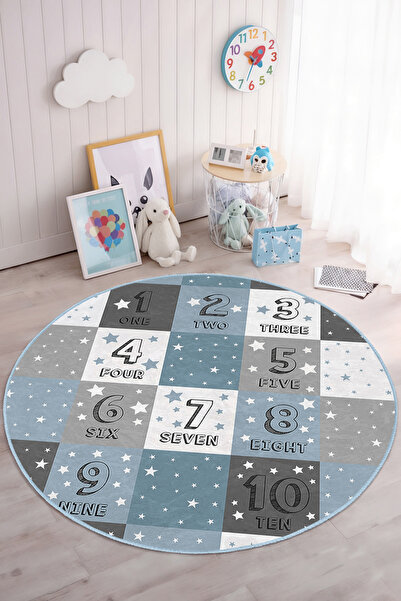 Realhomes Yıldızlı ve Sayılı Desenli Yuvarlak Çocuk Odası Yıkanabilir Kaymaz ...