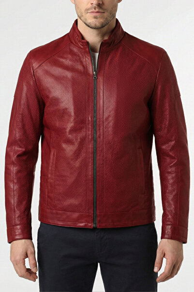 ECOTİQUE Men's Slim Fit Waterproof Genuine Real Leather Jackets & Coats Red L...