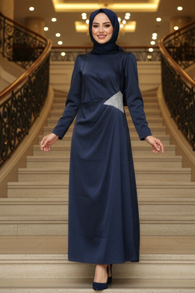 N.S NEVA STYLE Drape Detailed Navy Blue Hijab Satin Evening Dress 5940L