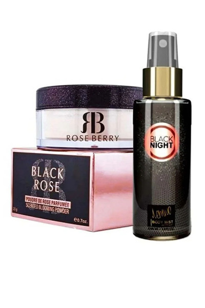 ROSE BERRYY ودرة الجسم اللامعة برائحة التوت الوردي (ليلة سوداء) + عطر الجسم بلاك نايت