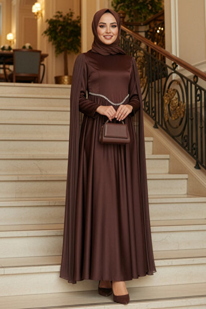 N.S NEVA STYLE Brown Hijab Evening Dress with Cape Detail 6262Kh