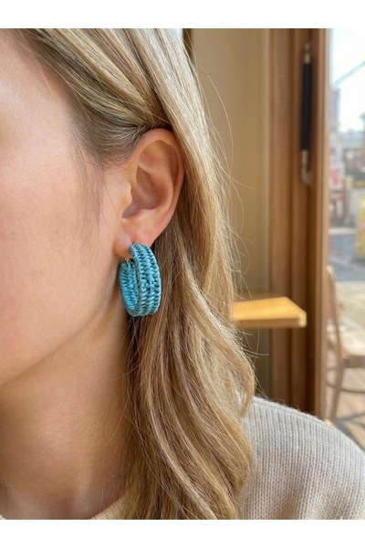 Ashley Collection Hasır Kaplamalı Canlı Mavi Renk Halka Küpe