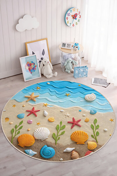 Realhomes Canlı Renklerde Deniz ve Yıldız Desenli Yıkanabilir Yuvarlak Çocuk ...