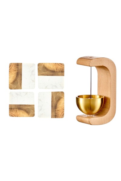 OEM Set 4 suporti,ptr pahar/sticla,amestec marmura/lemn,10x10 cm,bej/maro cu Sonerie de vant,lemn masiv