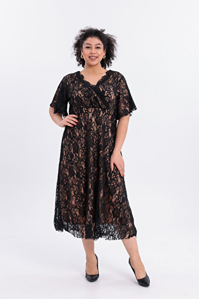 IŞILTI Women's Lace Inner Lined K Double-Breasted Collar Half Sleeve Midi Plus Size Evening Dress 3055