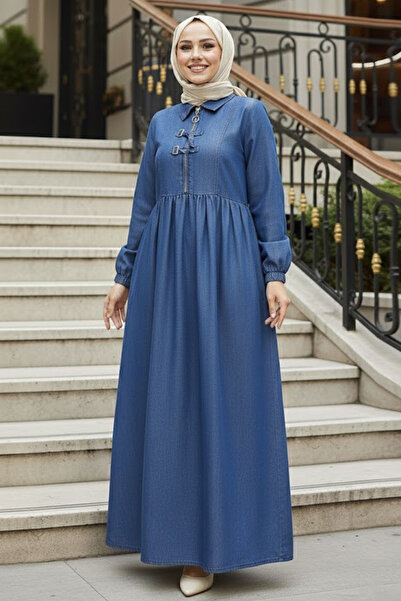 N.S NEVA STYLE Zipper Detailed Dark Blue Hijab Denim Dress 19157Km