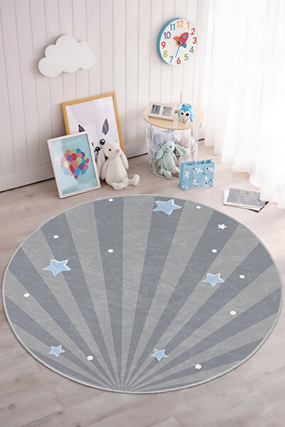 Realhomes Gri Renkli Yıldız Desenli Yuvarlak Çocuk Odası Yıkanabilir Kaymaz T...
