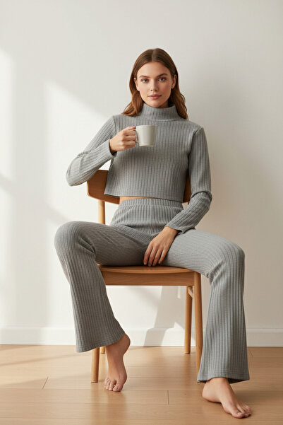 Imoda Women's Corded Fabric Tracksuit Set – Grey High-Necked Crop Top & Flared Pants, Stretchy Comfortable Fit