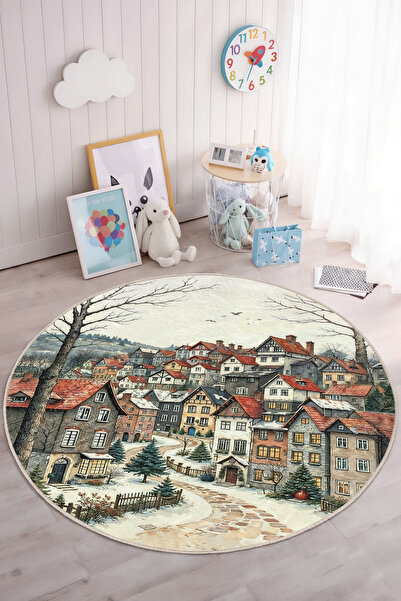 Realhomes Pastel Renklerde Şirin Evler Motifli Yuvarlak Çocuk Odası Halısı