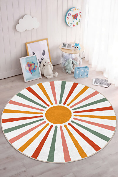 Realhomes Sarı Güneş Motifli Renkli Yuvarlak Çocuk Odası Yıkanabilir Kaymaz T...