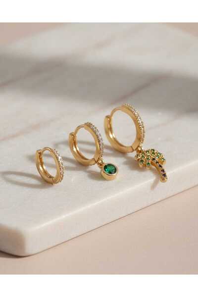 Şıkırtı Bijuteri zümrüt renk detaylı gold çelik 3'lü küpe