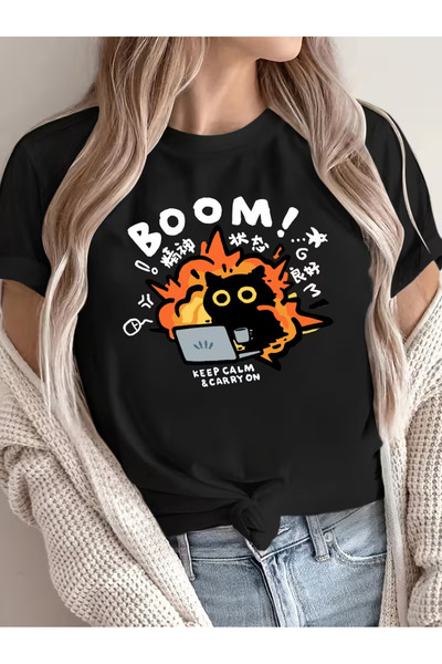 8line تي شيرت أسود من Keelp Calm Kawai Y2K Boom للجنسين