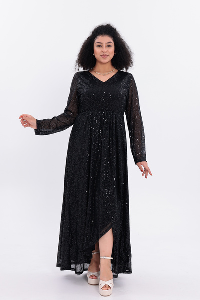 IŞILTI Modern Design Sequined Fabric Full Length Long Sleeve V-Neck Slit Plus Size Evening Dress 3141