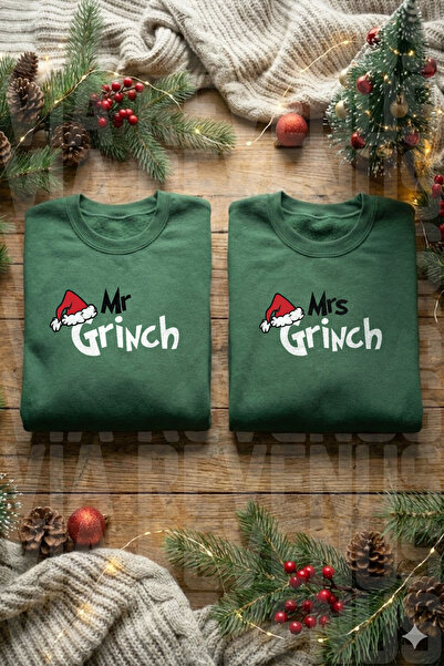 Vordevia Unisex Mr. Mrs. Grinch cu imprimeu Concept de Anul Nou pentru cuplu de îndrăgostiți Set de supradimensionat Swea tricou