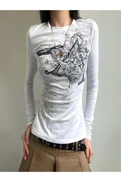 8line White Vintage Punk Patterned Long Sleeve Crop