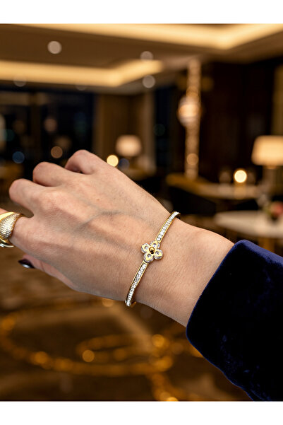 ayoljewelry Flower Stone Gold Steel Handcuff Bracelet