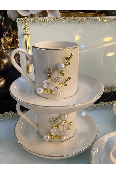 LOKMAN ZÜCCACİYE SHOWROOM 6 KİŞİLİK İNCİ BRONŞLU YALDIZLI KAHVE FİNCAN TAKIMI...