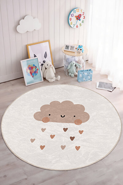 Realhomes Aşk Dolu Kalp Yağmuru Desenli Yıkanabilir Yuvarlak Çocuk Odası Halısı