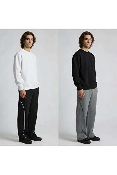 TKT Men's 2-Piece Black Smoked Piped Baggy Sweatpants with 2 Drawstrings Comfortable Fit Wide Leg